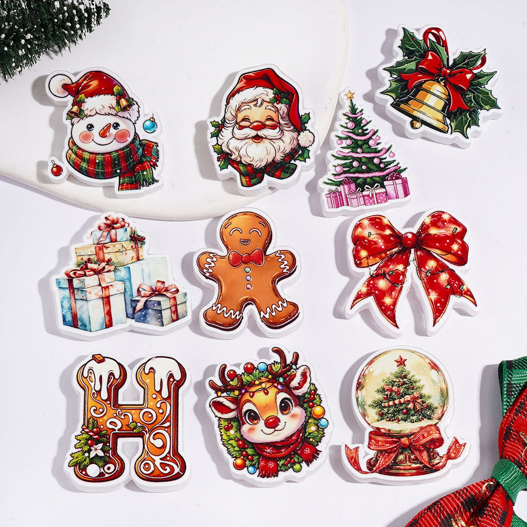 Festive Christmas Tree, Santa Claus, Gift Box, Gingerbread, Reindeer, Crystal Ball, Bell & Bowtie Acrylic Beads, Variant Designs, Random Mix