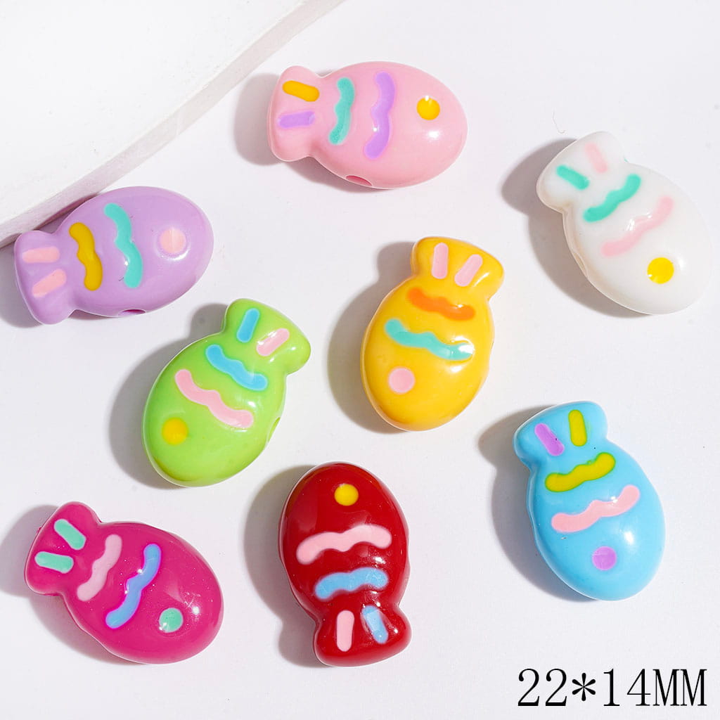 Colorful Fish Character with Linear Stripe Pattern Acrylic Beads, 22*14MM, Multicolor, Random Mix