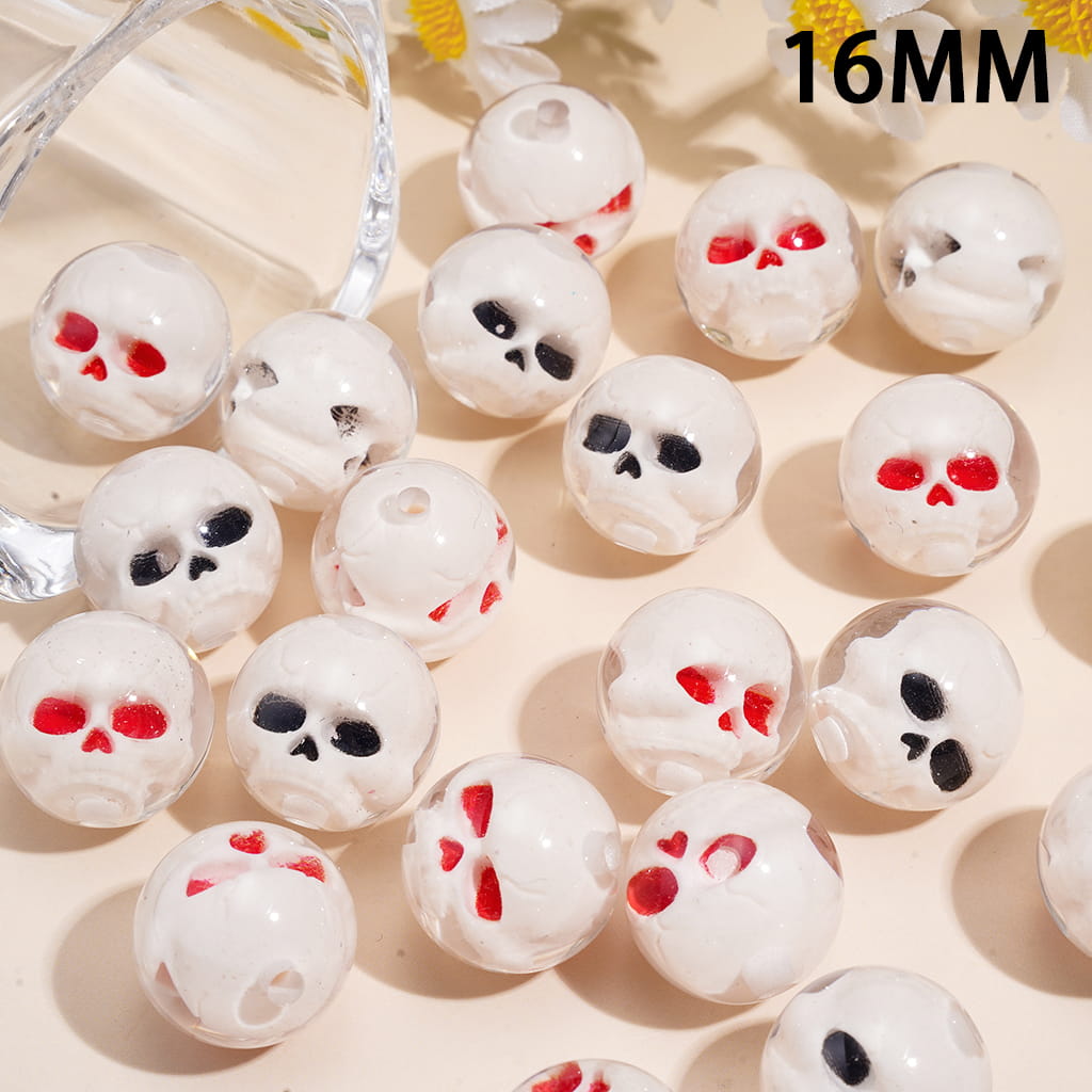 Transparent Embedded White Skull Head with Red & Black Eyes, Halloween Theme Acrylic Beads for Bracelets, 16MM, Random Mix