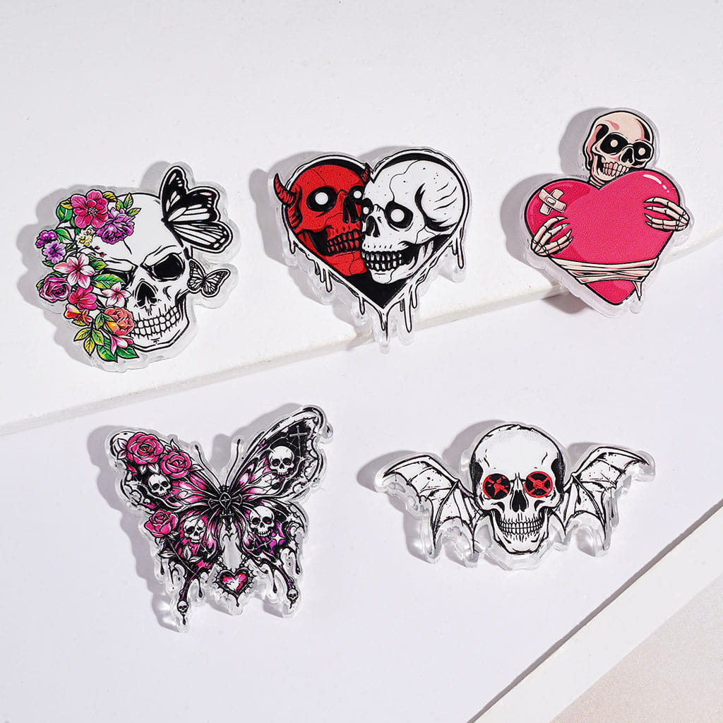 Acrylic Beads with Skull Flower Butterfly Heart Halloween Theme, Random Mix