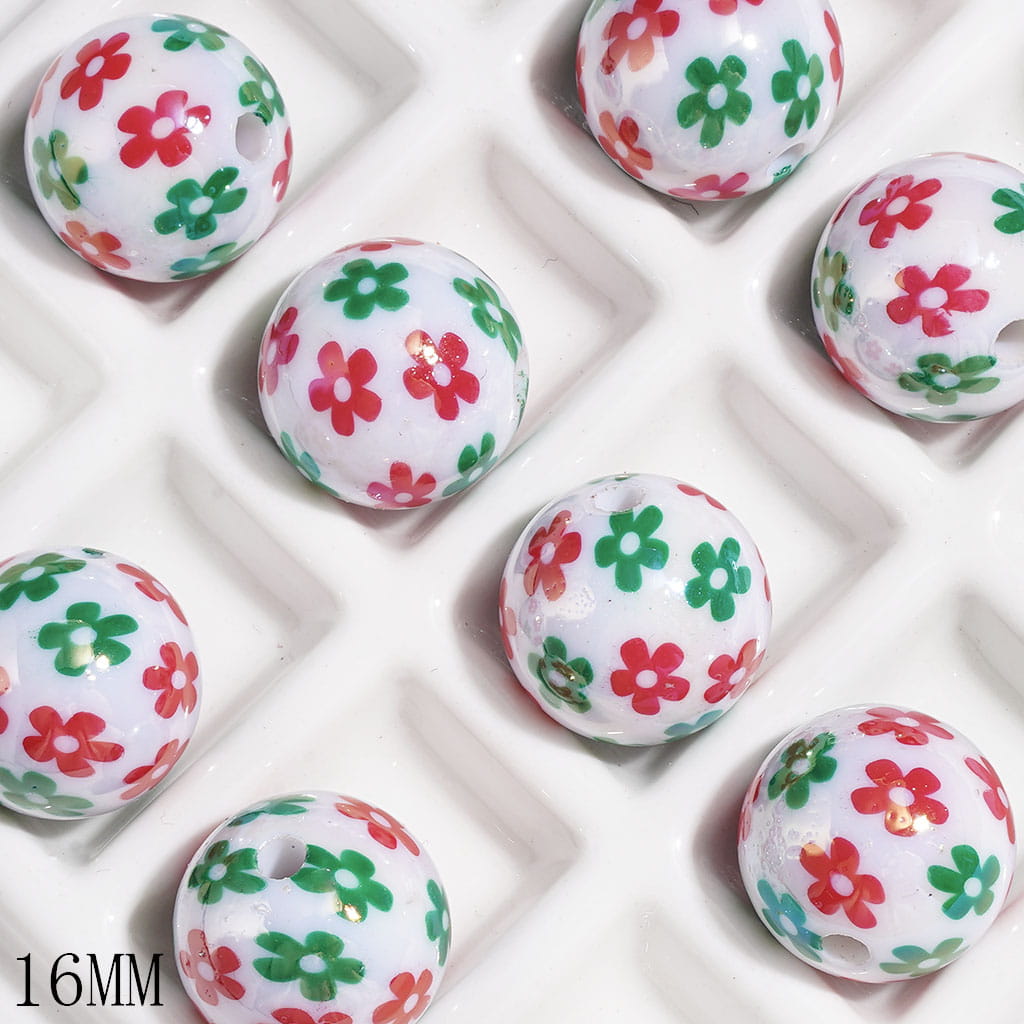 UV-Coated Festive Green and Red Christmas Flower Pattern Print Round Acrylic Beads for Bracelets, 16MM