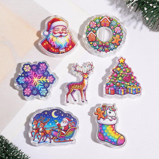 Christmas Theme Santa, Snowflake, Reindeer, Tree & Stocking Printed Rainbow Series Acrylic Beads, Assorted Designs, Random Mix