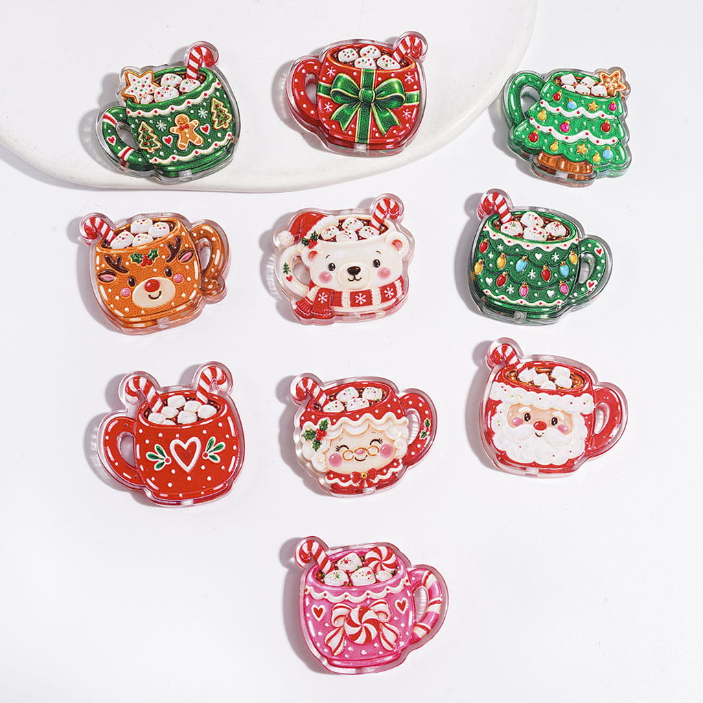 Vibrant Festive Cup Design Christmas-Themed Semi-Clear Acrylic Beads and Pendants, Random Mix