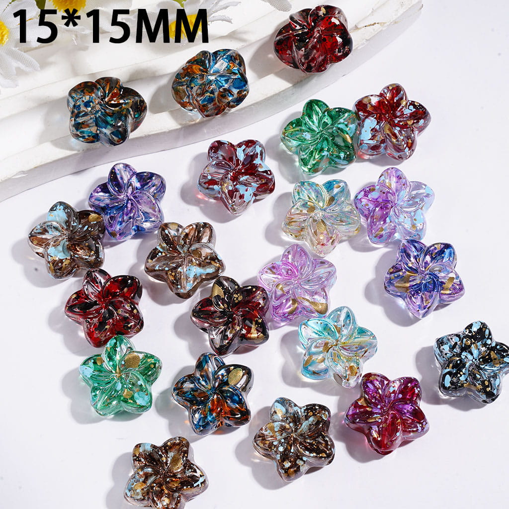 Transparent Glitter Plumeria Five-Pointed Star Flower Acrylic Beads, 15×15MM, Assorted Colors, Random Mix