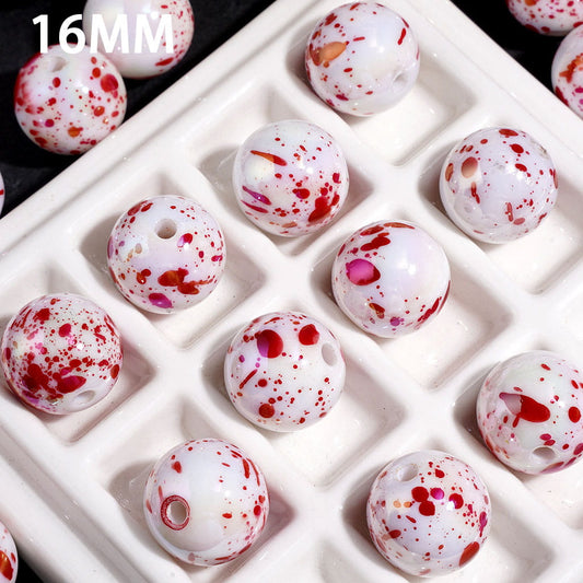 UV Coating Red Splatter Print White Round Acrylic Beads for Bracelets, 16MM Random Mix