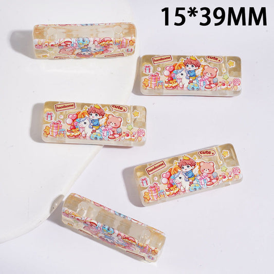Cute Prince & Unicorn Printed Rectangle Acrylic Beads, Double Hole, 15×39MM