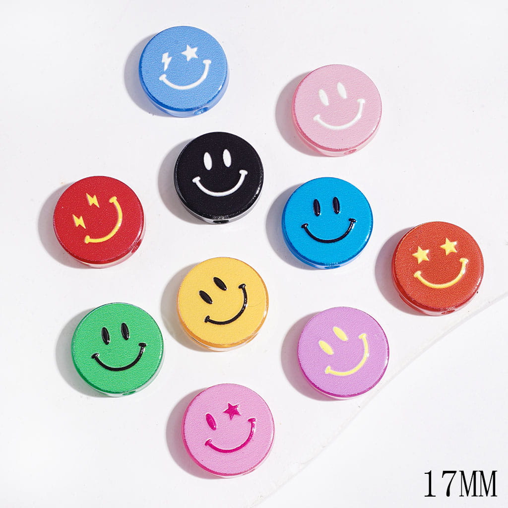 Cheerful Smiling Face Design Semi-Clear Flat Round Acrylic Beads in Assorted Colors, 17MM, Random Mix