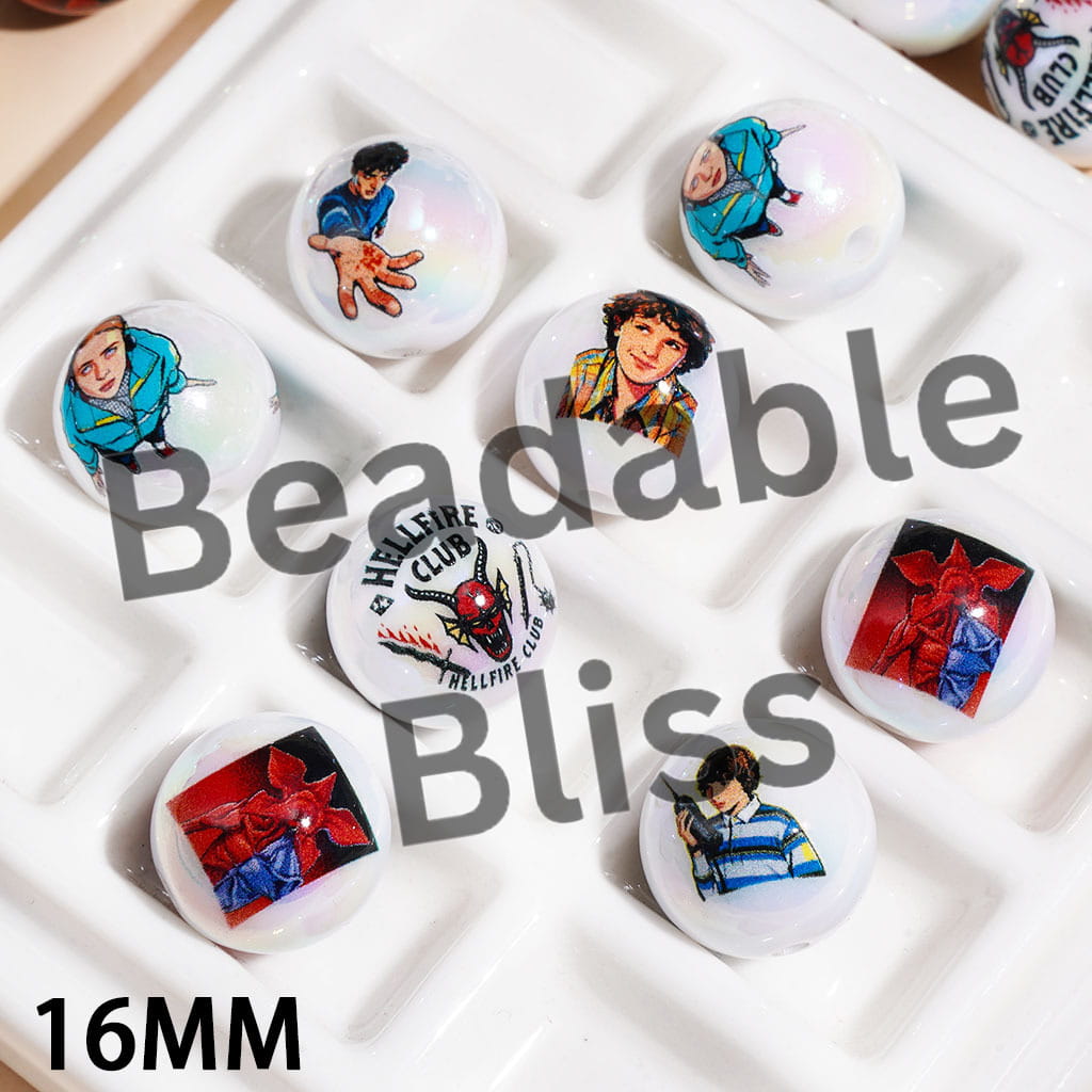 UV Coating Acrylic Beads for Bracelets with Quirky World Character Series in Horror Style, 16MM Random Mix