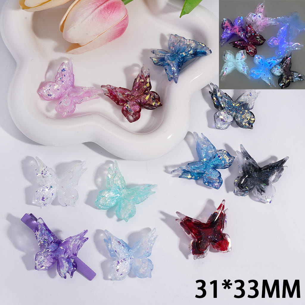 UV Coating Bling Bling Spangle Luminous Butterfly Jewelry Accessories, No Hole DIY Attachment Soft PVC 31*33MM, Random Mix
