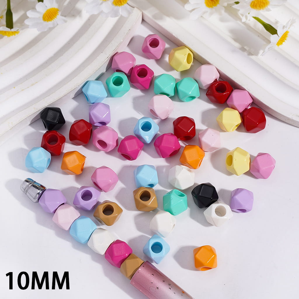Multi Face Shape Big Hole in Solid Color Acrylic Beads 10MM, Random Mix (The Hole Diameter is Around 5MM)