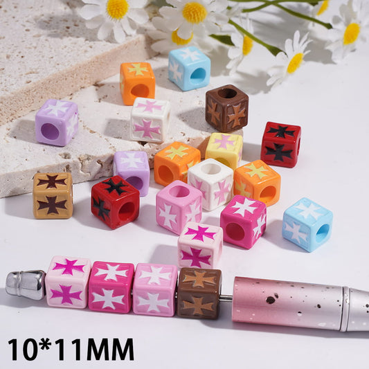 Cube Shape with Cross Prints Big Hole Acrylic Beads 10*11MM, Random Mix (The Hole Diameter is Around 5MM)
