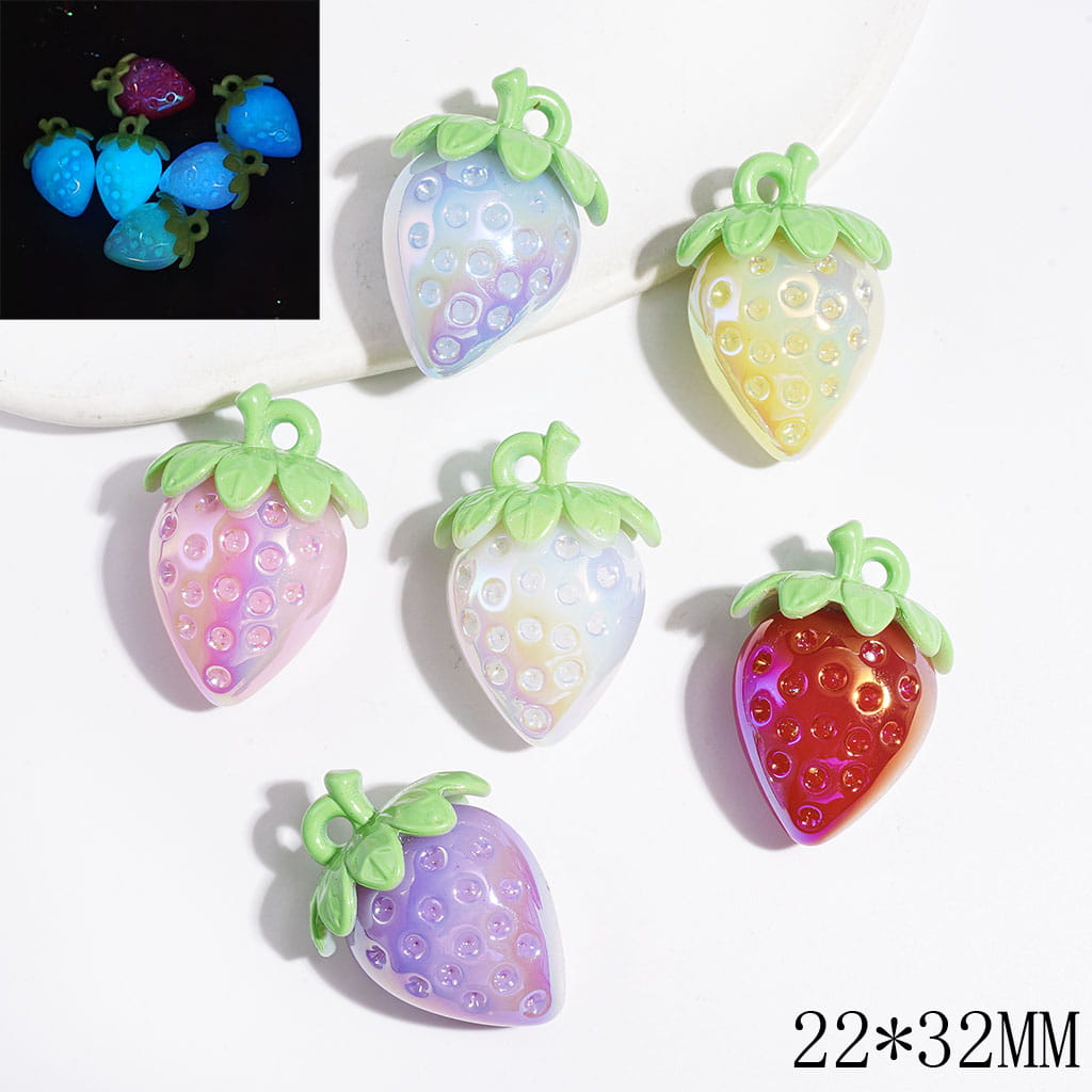 Colorful Strawberry Acrylic Charms with UV Finish and Luminous Design, 22×32MM, Random Mix