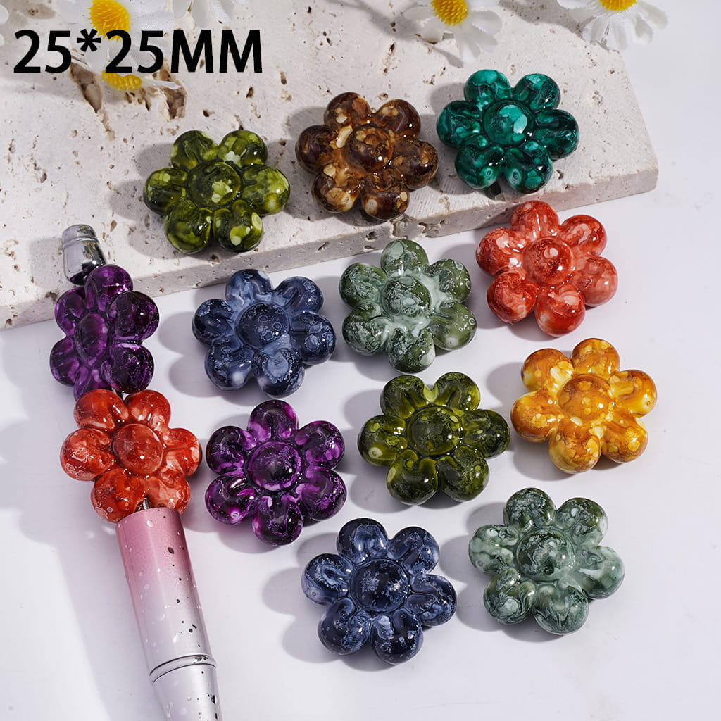 Marble Texture Flower Shape Acrylic Beads 25*25MM Random Mix