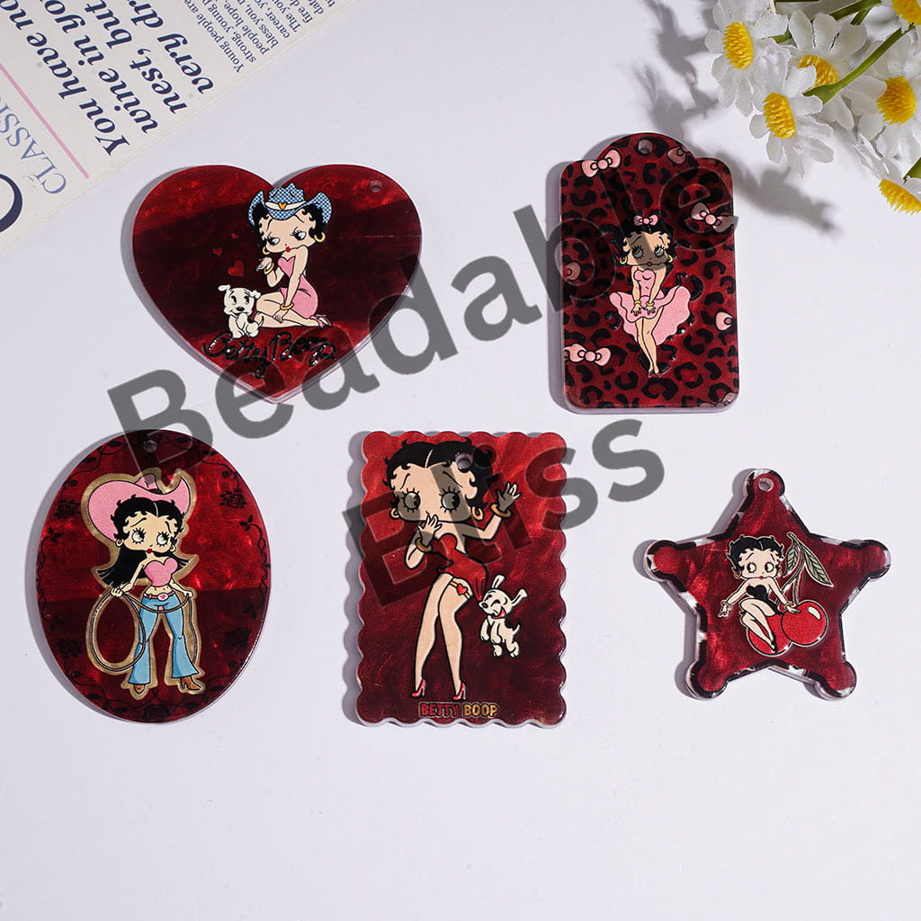 Acrylic Pendants with Old Girl Character Series in Dark Red, Random Mix