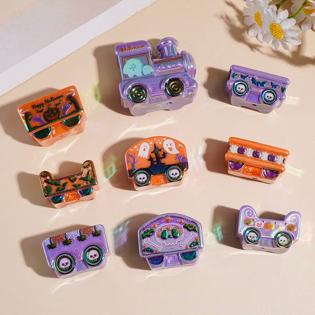 Halloween Locomotive and Carriage UV-Coated Acrylic Beads, Orange Purple Random Mix