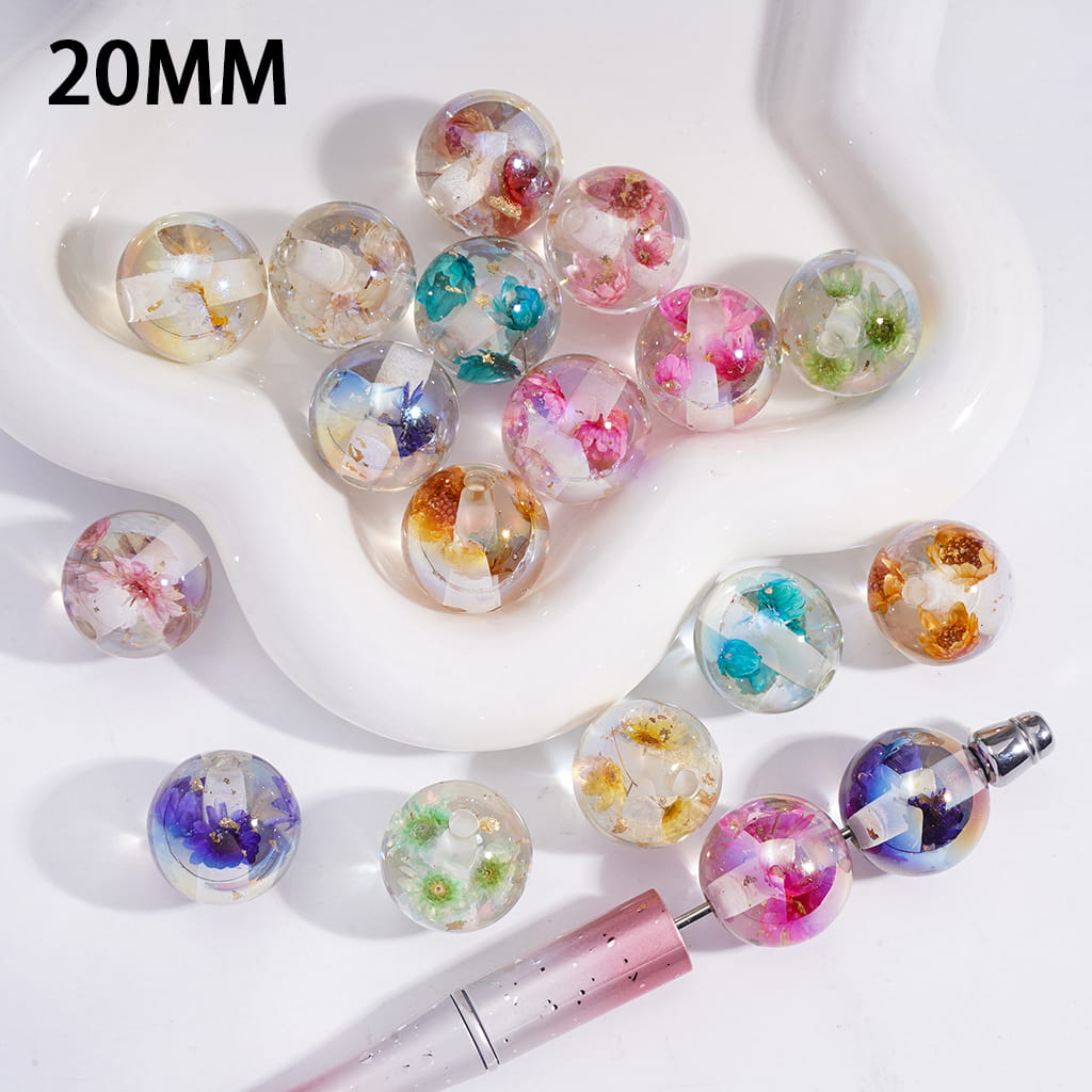 UV Coating Dried Flowers & Gold Foil Paper Clear Round Acrylic Beads 20mm Random Mix