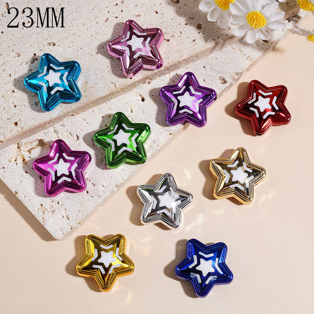 Five-Pointed Star with White Star Pattern Acrylic Beads in Various Metallic Colors, 23MM, Random Mix