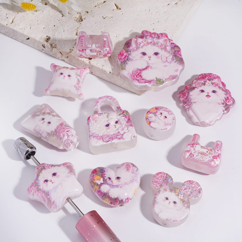 Cute Kitty with Pink Rose Flowers Series Acrylic Beads Random Mix