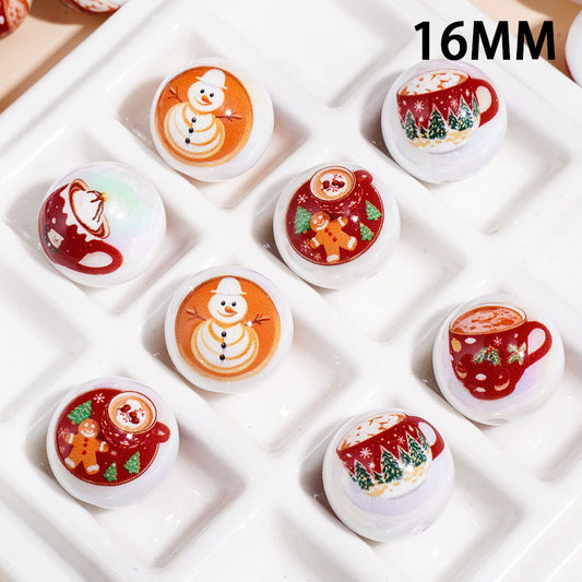 UV Coating Christmas Hot Cocoa Theme Printed Round Acrylic Beads for Bracelets 16MM Random Mix