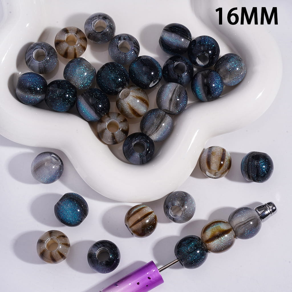 Vertical Stripes and Glitter in Starry Sky Effect Big Hole Shiny Round Acrylic Beads for Bracelets 16MM (The Hole Diameter is Around 6MM)
