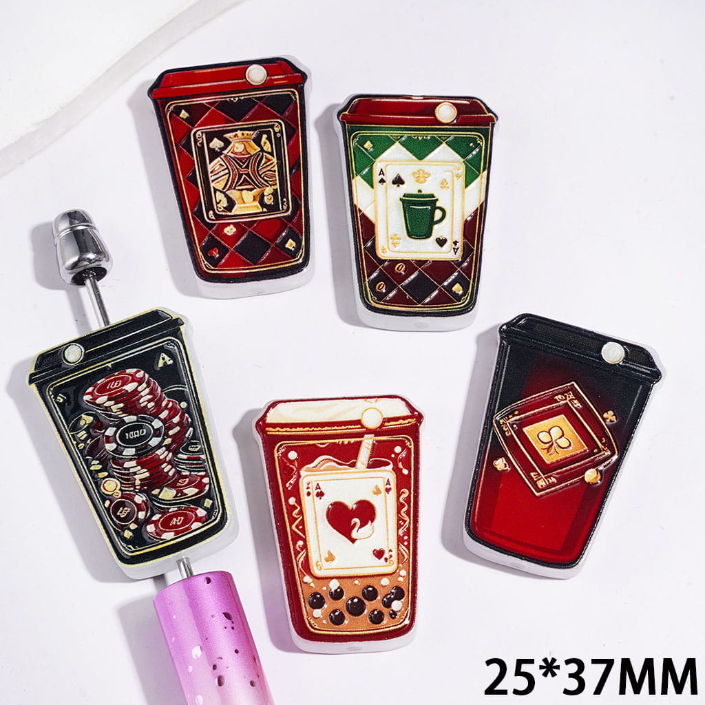 Acrylic Beads Coffee Cup with Poker Card Suit Checkered Prints, 25*37MM Random Mix