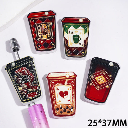 Playful Casino Coffee Cup & Poker Card Suit Print Acrylic Beads, 25*37MM, Random Mix