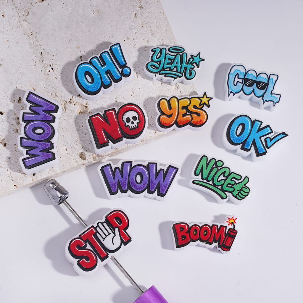 UV Coated American Comic Text Theme Acrylic Beads Random Mix