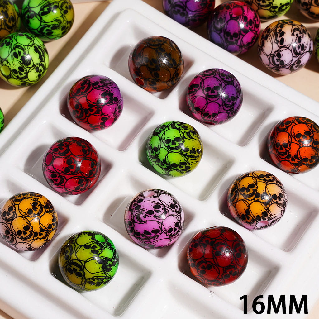 Acrylic Beads for Bracelets Scary Skull Head Prints, 16MM, Ombre Colors, Random Mix