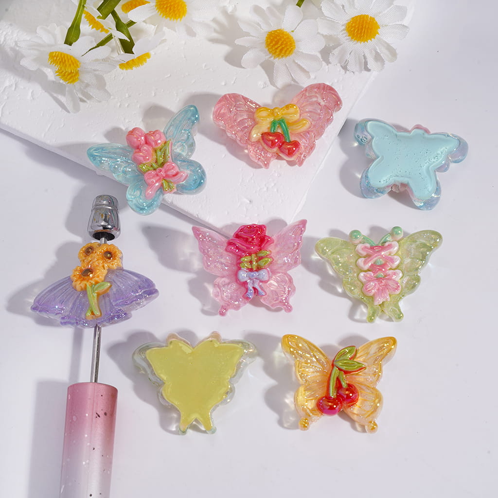 Cute Glitter Butterfly with Flowers & Cherry Bowknot Acrylic Beads Random Mix