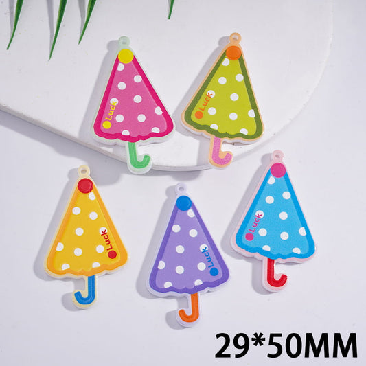 Cute White Polka Dots Umbrella with Text  “Good Luck” Charm Acrylic Bead Pendant 29*50MM, Random Mix