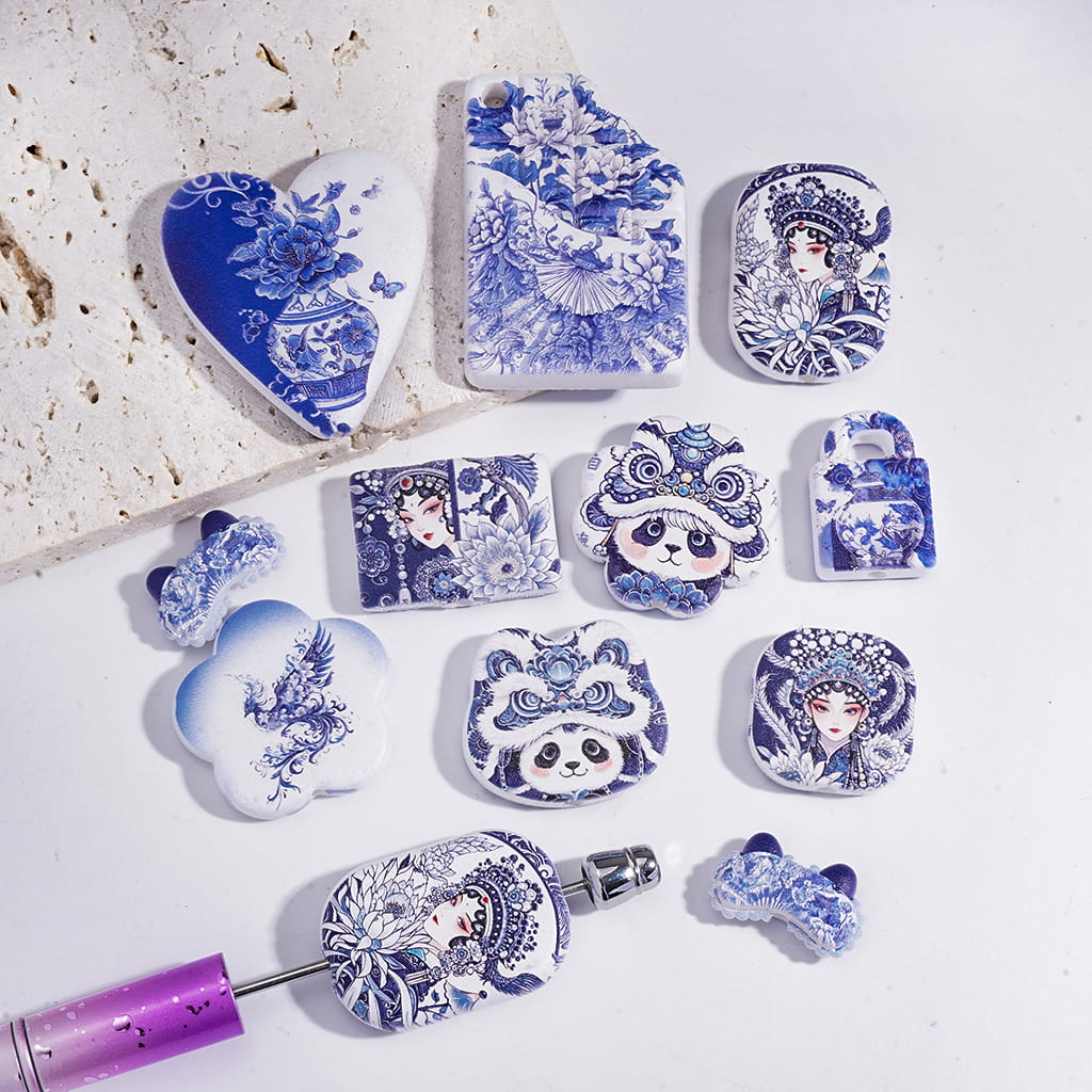 Chinese Blue & White Porcelain Style Acrylic Beads Pendants Random Mix