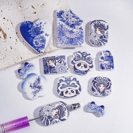 Chinese Blue & White Porcelain Style Acrylic Beads Pendants Random Mix