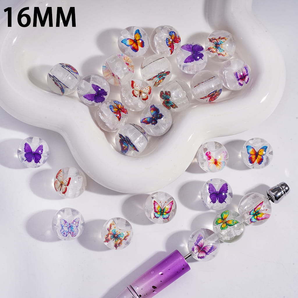 Cute Crystal Clear Encased Twin Butterfly Print Round Acrylic Beads 16mm Random Mix