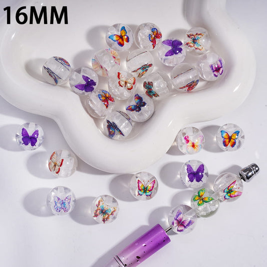 Cute Crystal Clear Encased Twin Butterfly Print Round Acrylic Beads 16mm Random Mix