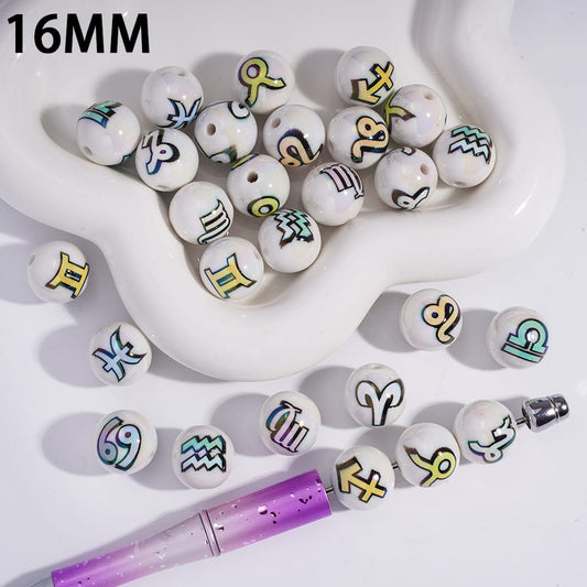 UV Coating Twelve Constellations Zodiac Print Round Acrylic Beads 16MM Random Mix
