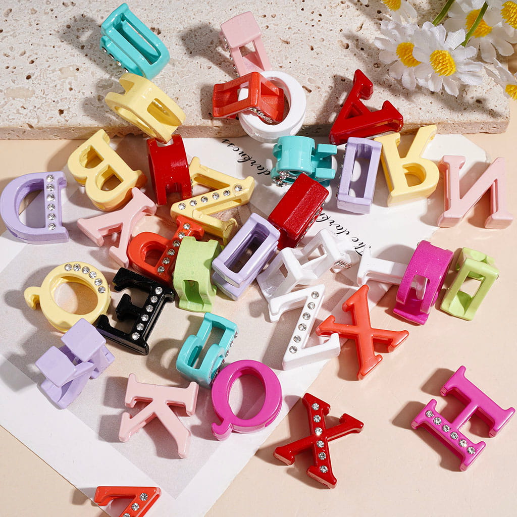 No Hole - Hollowed Alphabet Letters with Clear Rhinestones Acrylic for DIY Beads and Pendants Ornaments, Multi-Color, Random Mix