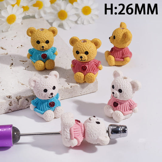 Cute Smiling Bear in Sweater with Red Heart Acrylic Beads 26MM Small Size Random Mix