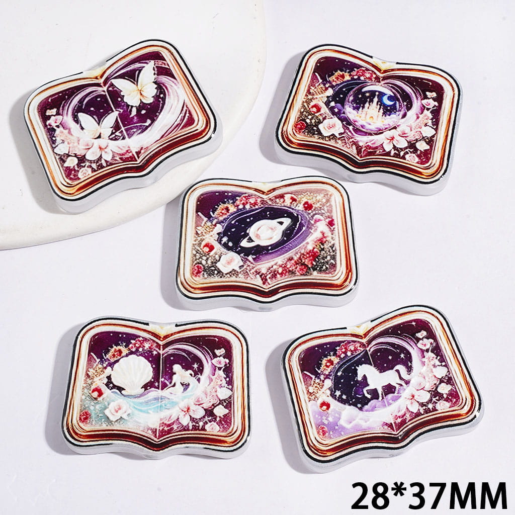 Acrylic Beads Fantasy Book with Planet Flower Castle Horse Butterfly Seashell, 28*37MM, Random Mix