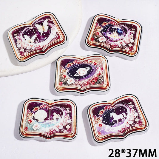 Whimsical Storybook with Planet, Flower, Castle, Horse, Butterfly & Seashell Designs Fantasy Book-Shaped Acrylic Beads, 28*37MM, Random Mix