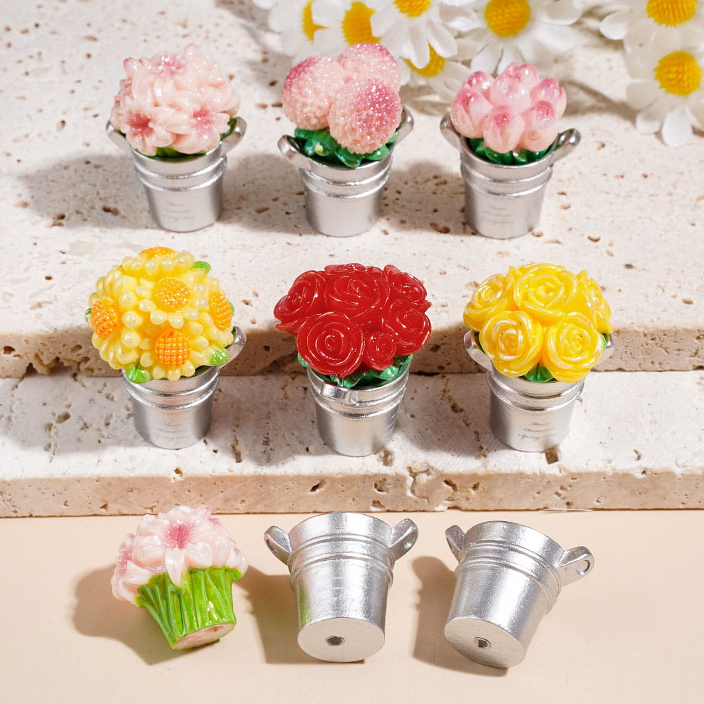 Mini Flower Pot Bouquet Acrylic Beads with Silver Bucket Base, Multi Colors Random Mix