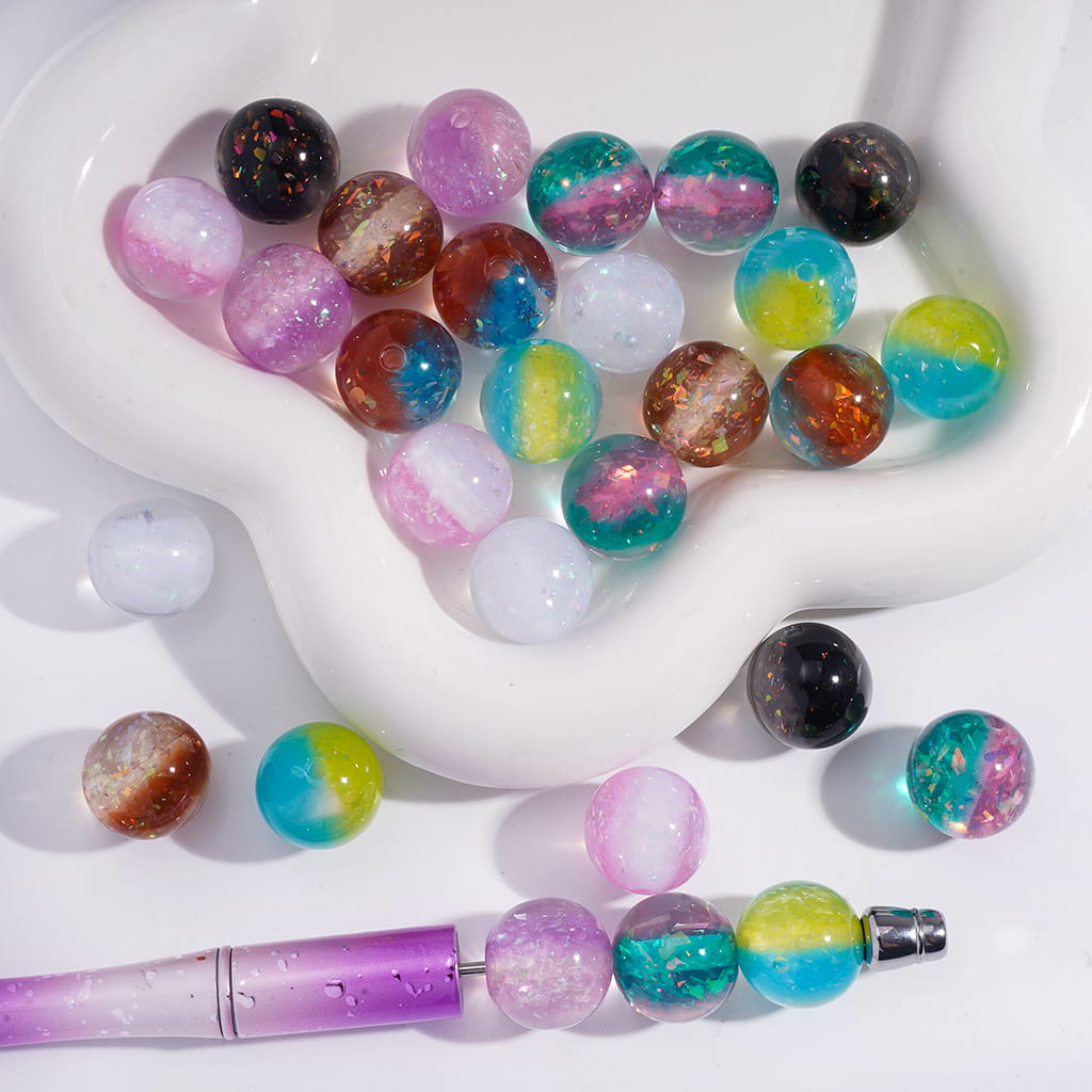 Acrylic Beads for Bracelets with Double Color and Broken Gold Foil Papers, 16MM, Random Mix