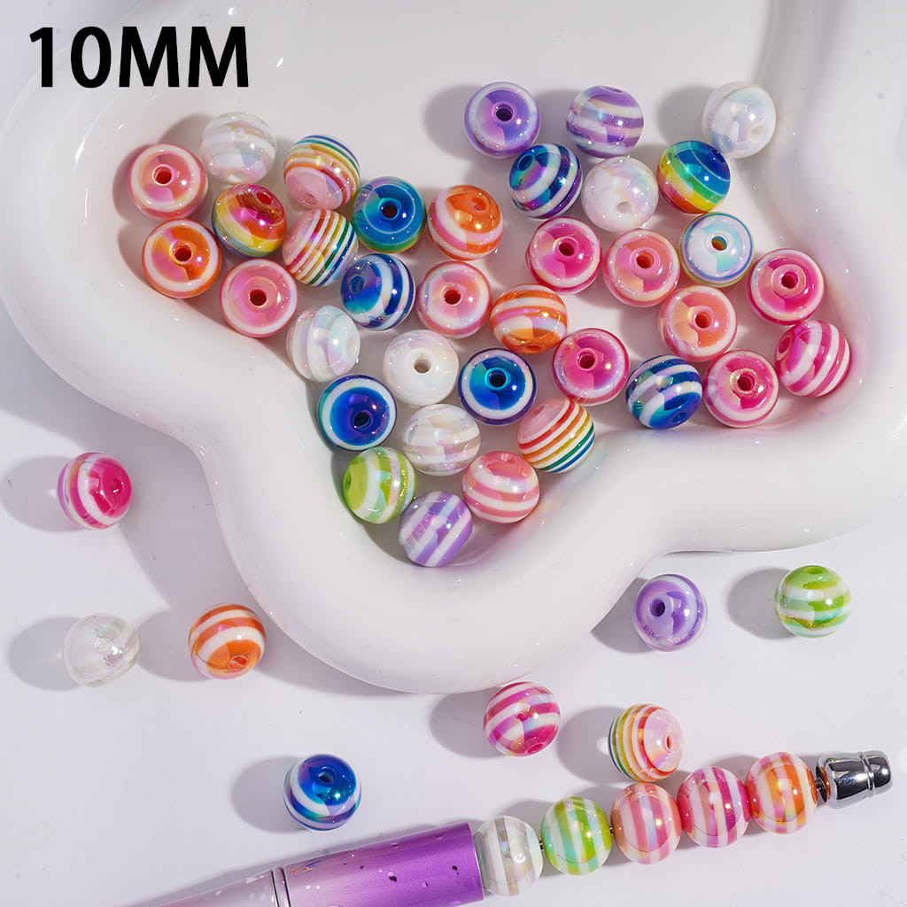 UV Coating Candy Stripes Texture Oblate Round Acrylic Beads for Bracelets 10MM Random Mix