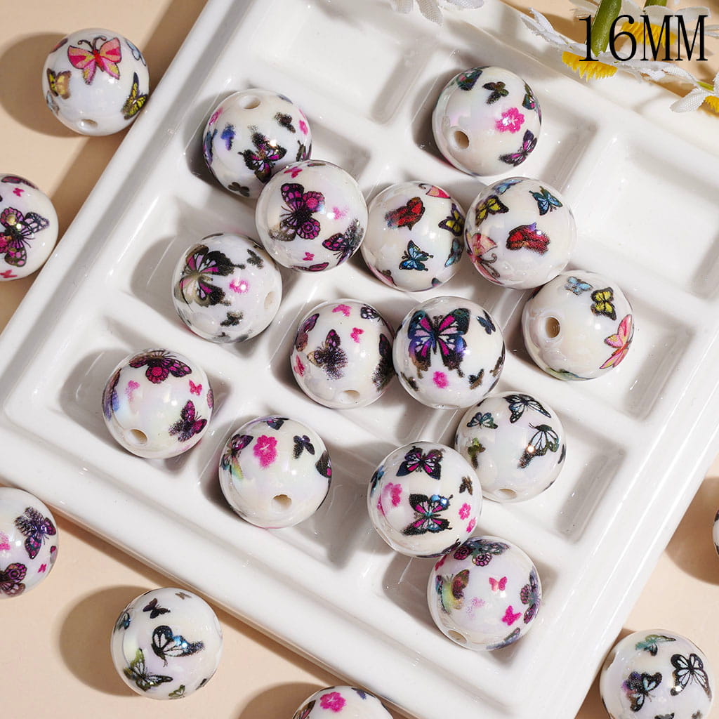 UV Coating Acrylic Beads for Bracelets and Necklace, Colorful Butterfly and Flower Prints, 16MM, Random Mix