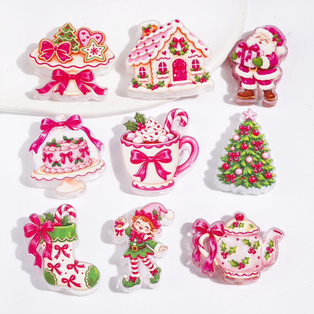 Pink Christmas Theme Semi-Clear Acrylic Beads with Bows, Gingerbread Houses, Santa, Trees and Holiday Characters, Random Mix