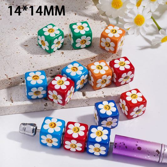 Cube Square Shape Acrylic Beads with Cute Smiling Face Flowers Design 14*14MM, Multi-Color, Random Mix