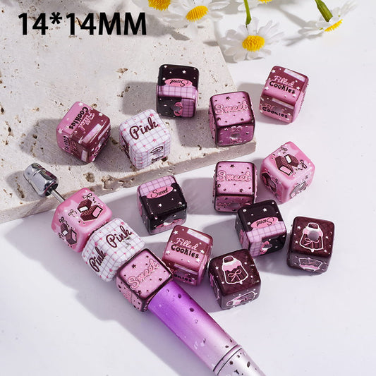 Black Pink Cute Cube Square Shape Acrylic Beads with Sweet Filled Cookies Print 14*14MM Random Mix