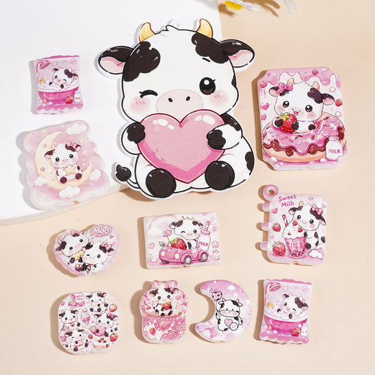 Cute Cow with Heart, Strawberry, Milk & Dessert Printed Acrylic Beads Pendants, Assorted Shapes & Designs, Random Mix