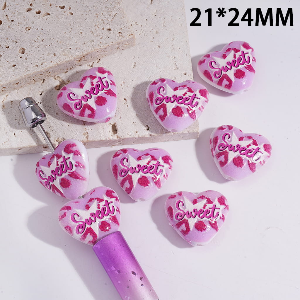 Cute Heart Shape Acrylic Beads with Rose Red Leopard Texture & “Sweet” Lettering 21*24MM