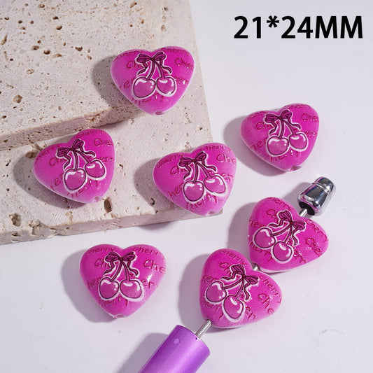 Cute Heart Shape Acrylic Beads with “Cherry” Lettering & Rose Red Cherry Graphics 21*24MM
