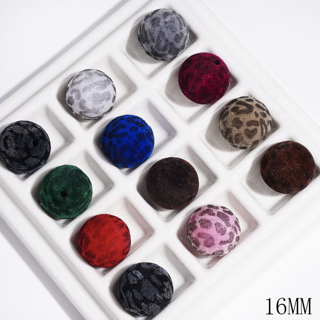 Adorable Fluffy Flocked Jaguar Print Dark Color Series Acrylic Beads for Bracelets, 16MM, Random Mix